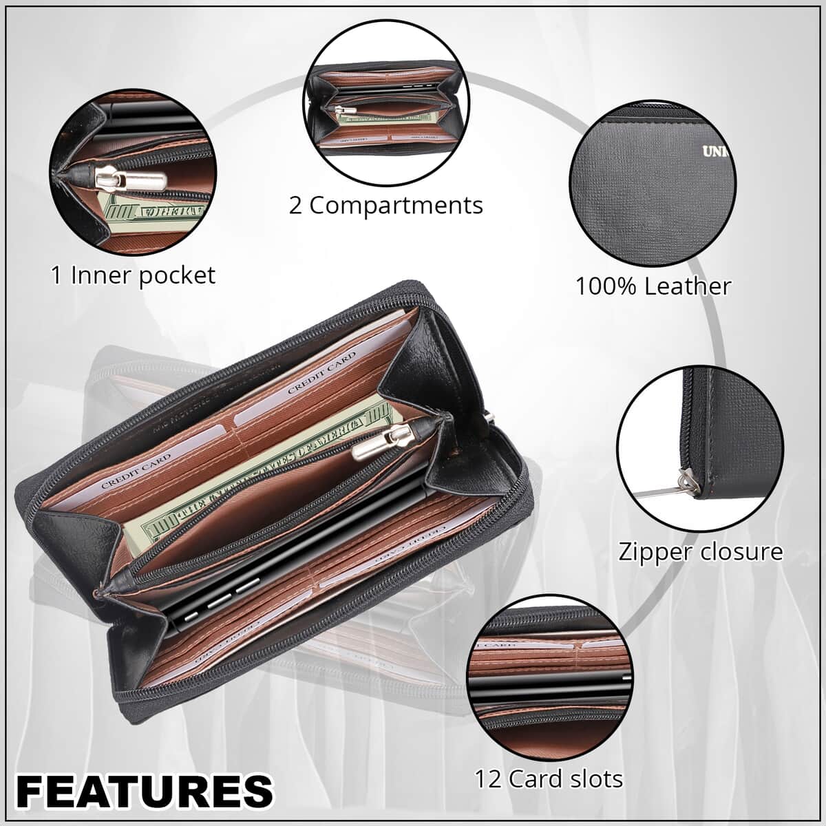 Women's wallet, large capacity leather women's wallet, zip clutch