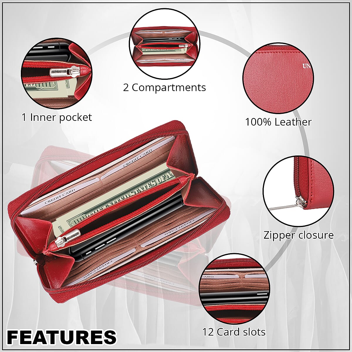 Union Code Red Genuine Leather RFID Protected Women's Wallet image number 3