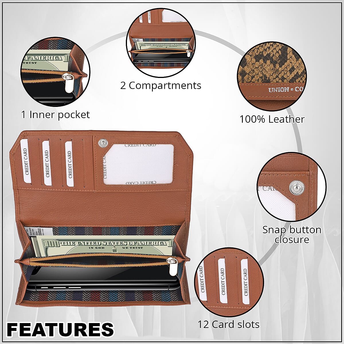 Union Code Tan Genuine Leather RFID Women's Wallet image number 3