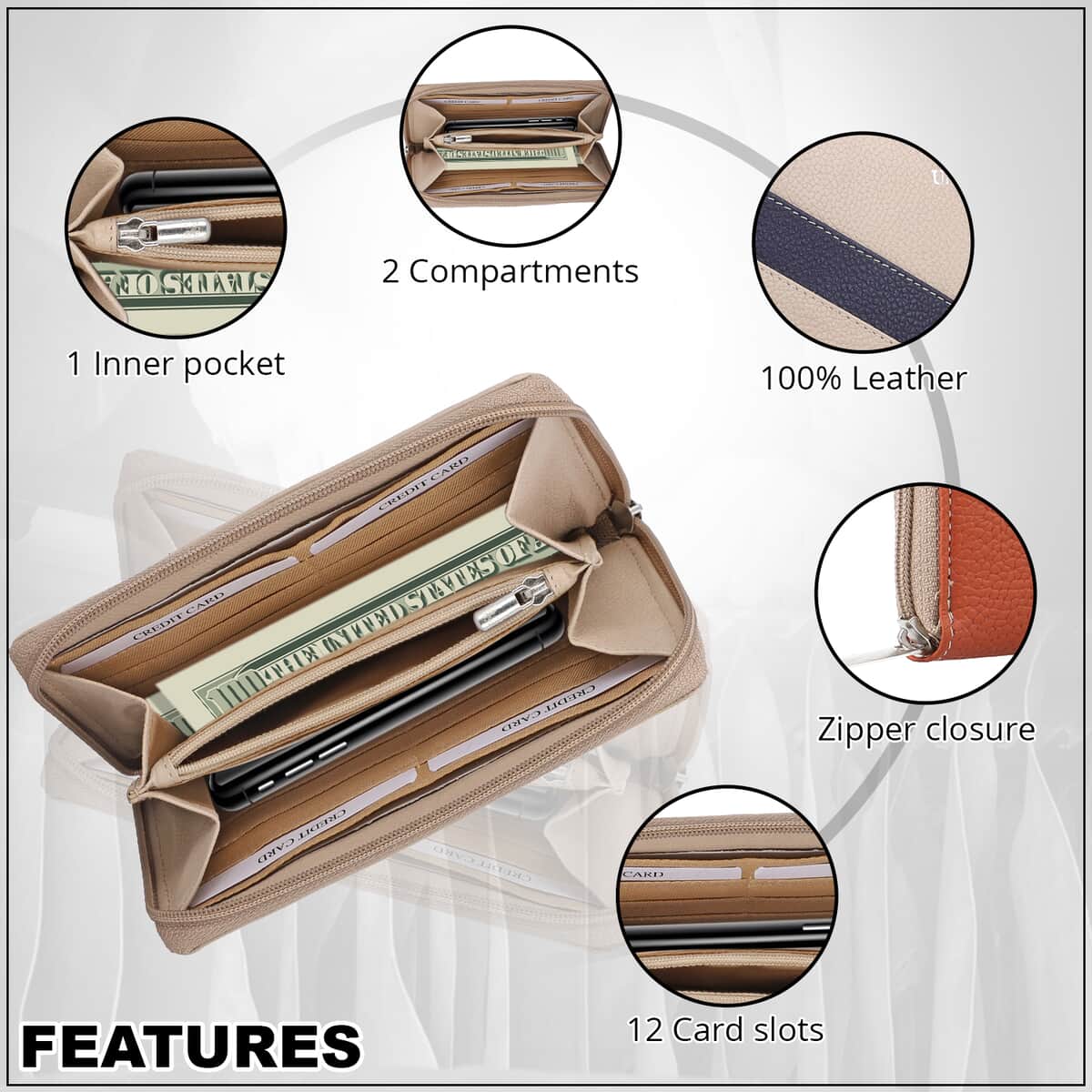 UNION CODE  RFID Protected 100% Genuine Leather Women's Wallet - Beige image number 3