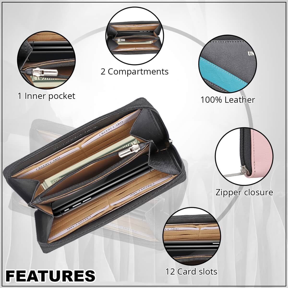 Union Code Black RFID Protected 100% Genuine Leather Wallet for Women | Leather Purse | Card Holder | Designer Wallet image number 3