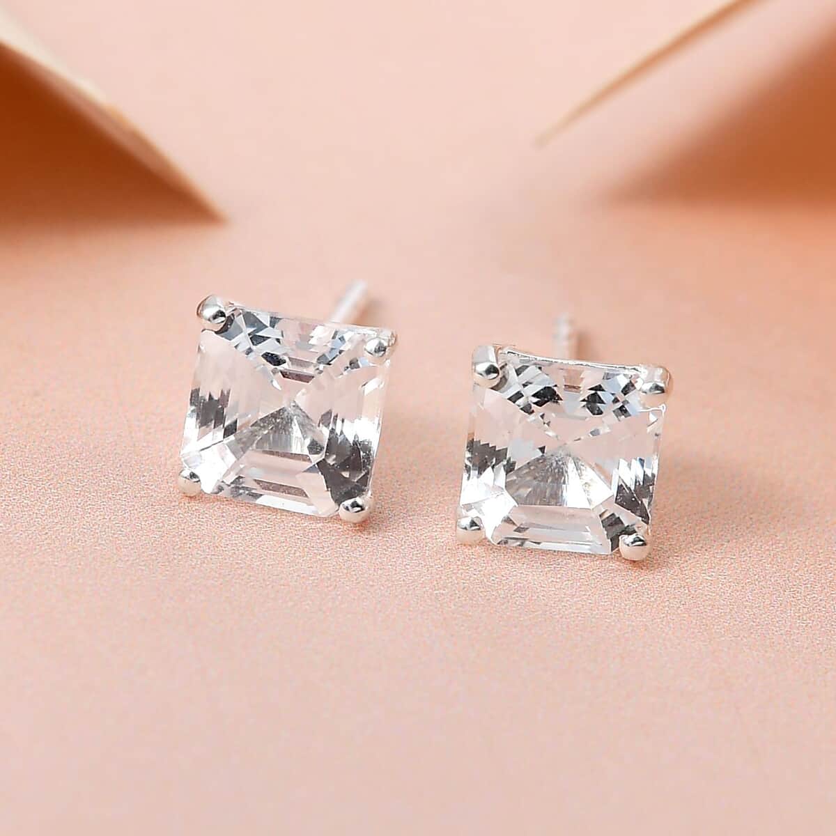 Asscher Cut Lab Created White Sapphire Solitaire Stud Earrings in Sterling Silver 3.35 ctw image number 1