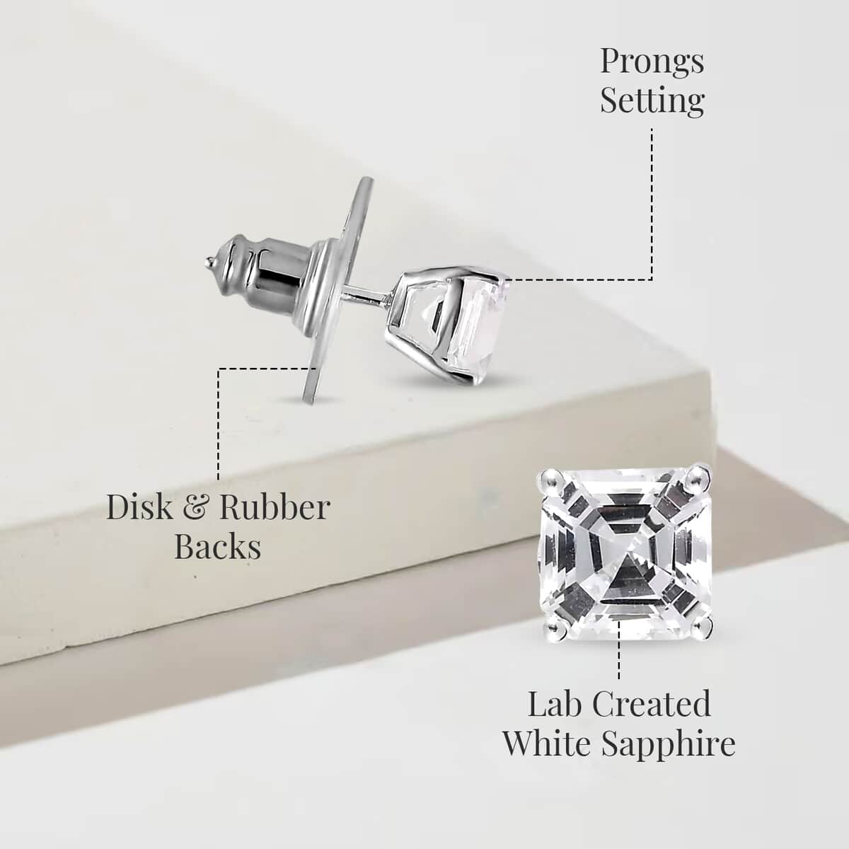 Asscher Cut Lab Created White Sapphire 3.35 ctw Solitaire Stud Earrings in Sterling Silver image number 5