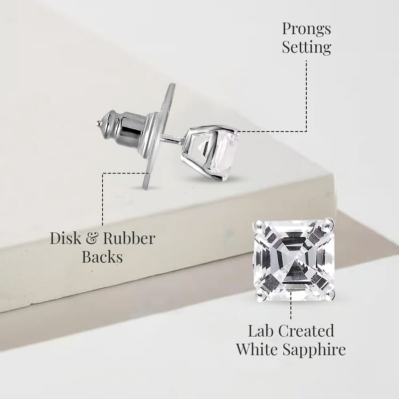 D'Joy Asscher Cut Lab Created White Sapphire 3.00 ctw Solitaire Stud Earrings in Sterling Silver