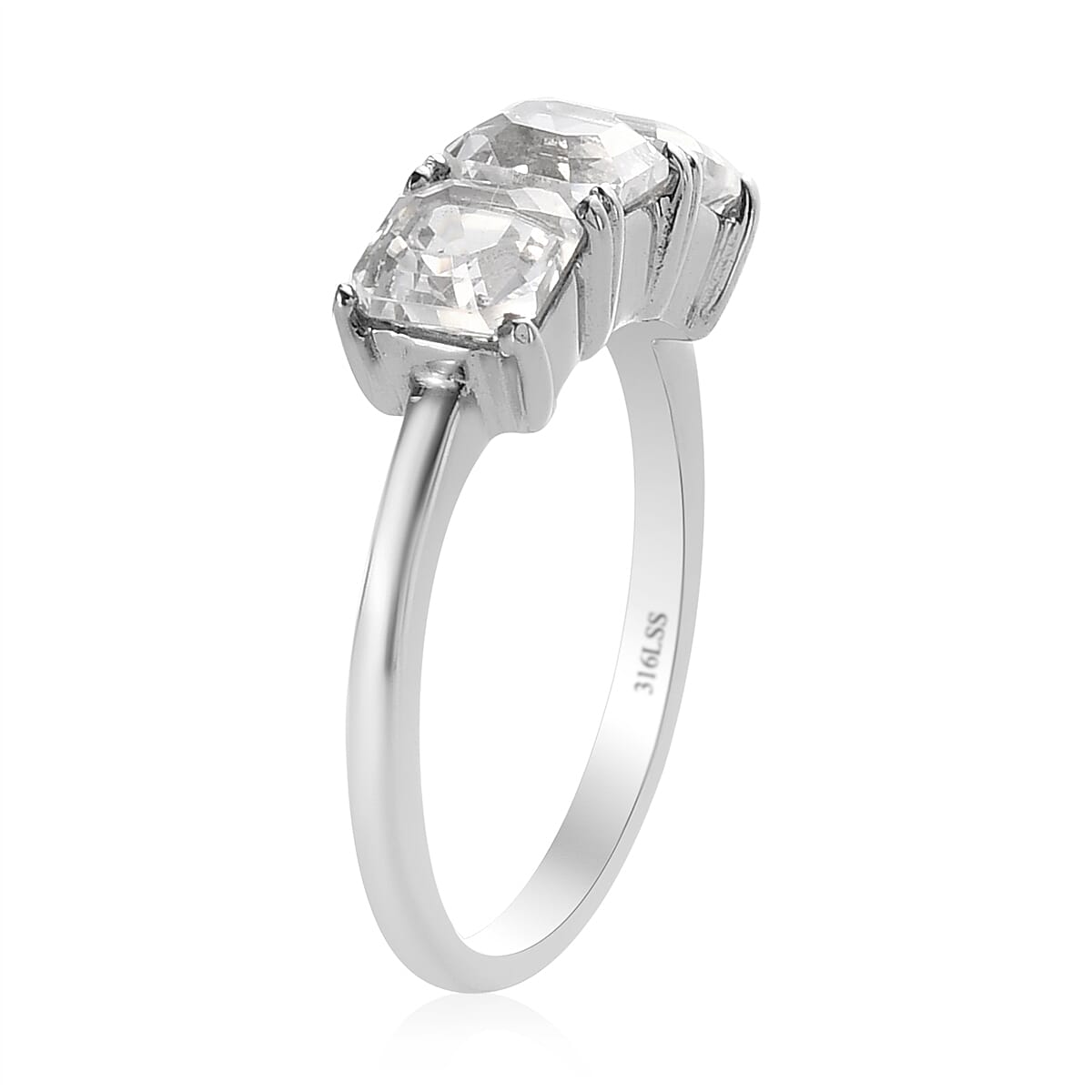 Lab Created White Sapphire 3 Stone Ring in Stainless Steel (Size 7.0) 2.60 ctw image number 3