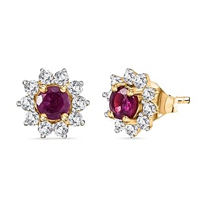 Niassa Ruby (FF) and White Zircon Cluster 1.12 ctw Earrings in Vermeil YG Over Sterling Silver