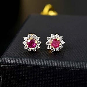 Niassa Ruby (FF) and White Zircon Cluster 1.12 ctw Earrings in Vermeil YG Over Sterling Silver
