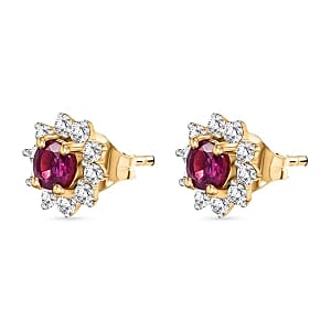 Niassa Ruby (FF) and White Zircon Cluster 1.12 ctw Earrings in Vermeil YG Over Sterling Silver