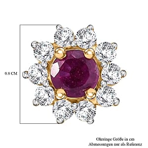 Niassa Ruby (FF) and White Zircon Cluster 1.12 ctw Earrings in Vermeil YG Over Sterling Silver