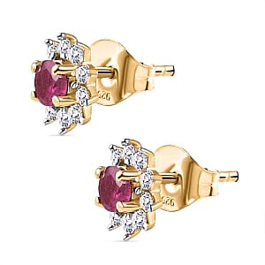Niassa Ruby (FF) and White Zircon Cluster 1.12 ctw Earrings in Vermeil YG Over Sterling Silver
