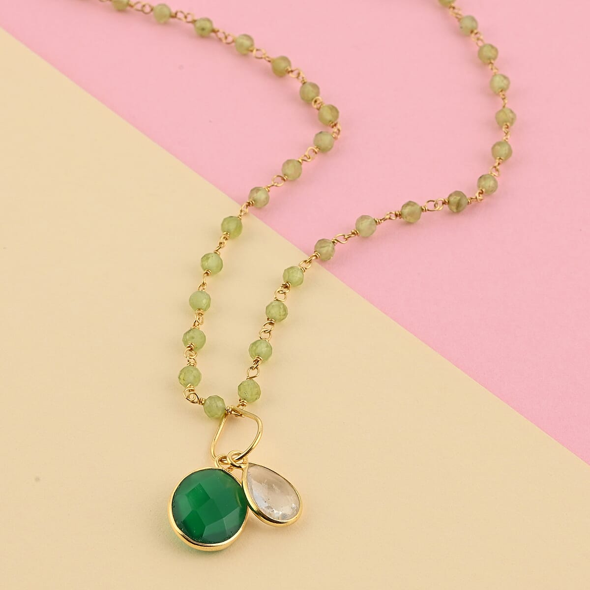 Peridot, White Quartz Double Pendant Necklace 18 Inches in 14K Yellow Gold Over Sterling Silver 13.55 ctw image number 1