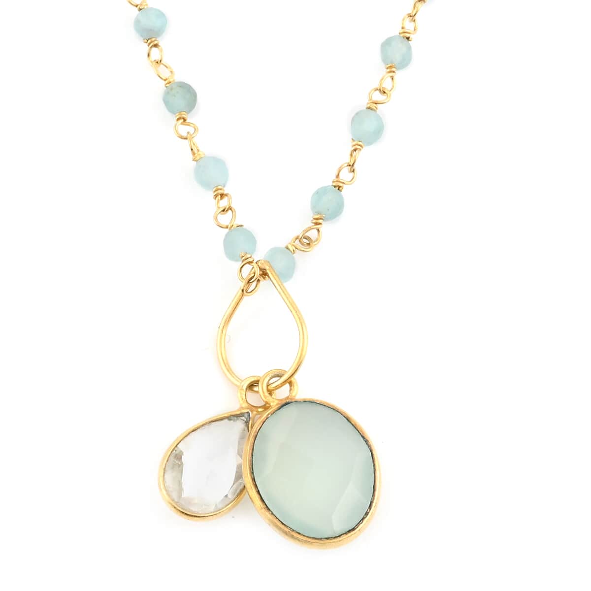Apatite, Chalcedony and White Quartz Double Pendant Necklace 18 Inches in 14K Yellow Gold Over Sterling Silver 12.00 ctw image number 0