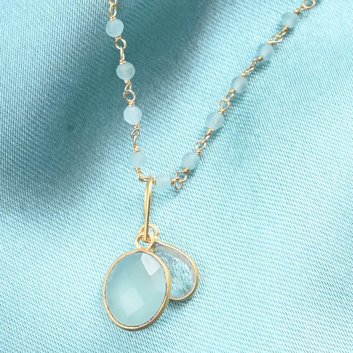 Apatite, Chalcedony and White Quartz Double Pendant Necklace 18 Inches in 14K Yellow Gold Over Sterling Silver 12.00 ctw image number 1