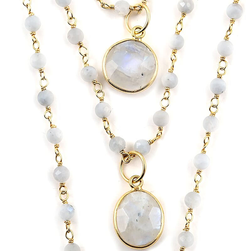 Moonstone Triple Layer Necklace, 18 Inch Necklace, 14K Yellow Gold Over Sterling Silver Necklace, Moonstone Necklace 49.25 ctw