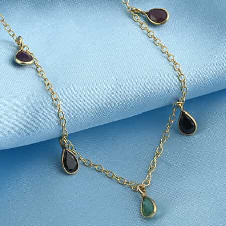 Ruby, Emerald, Sapphire Necklace 17 Inches in 14K Yellow Gold Over Sterling Silver 1.60 ctw image number 1
