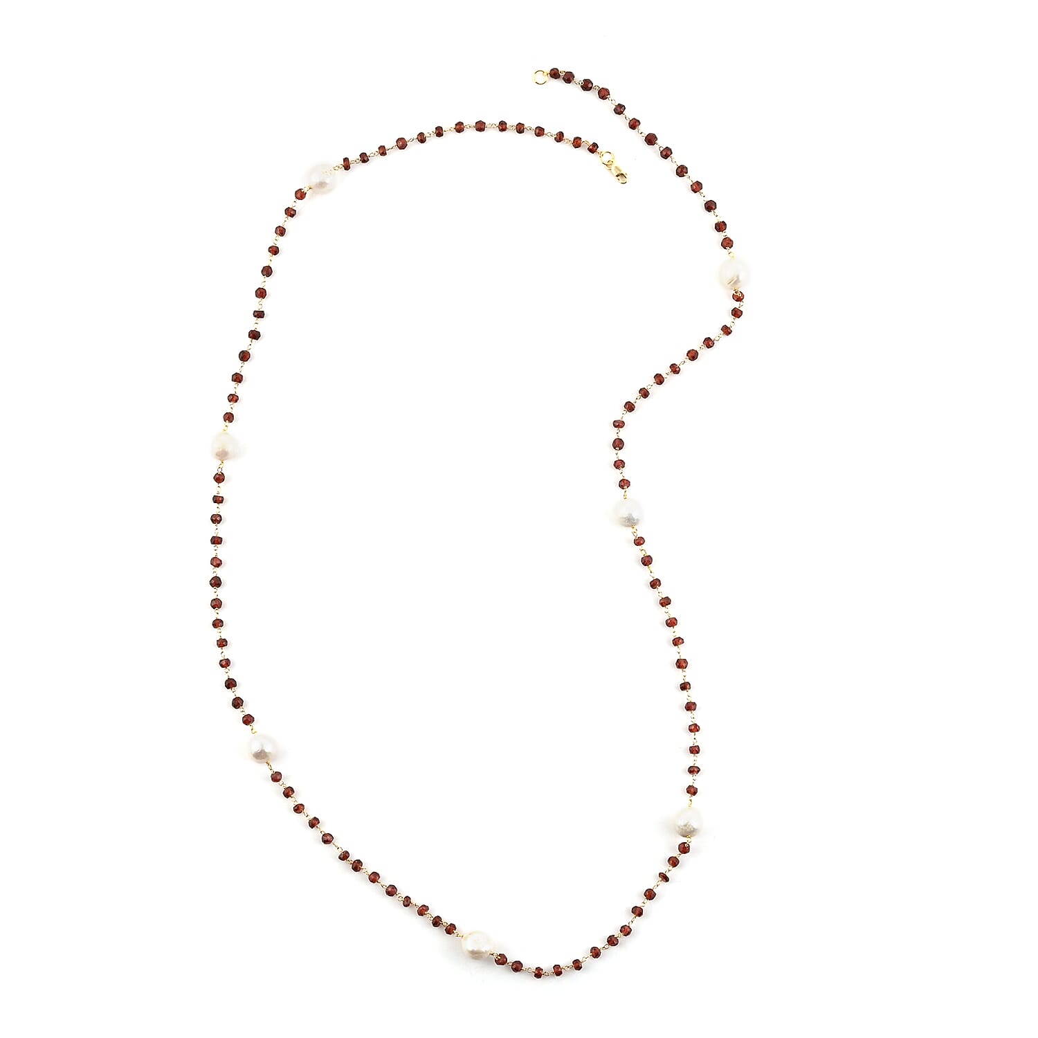 Freshwater Pearl and Mozambique Garnet Necklace 36 Inches in 14K Yellow Gold Over Sterling Silver 24.80 Grams 45.75 ctw