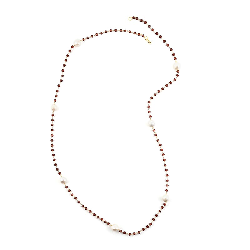 Freshwater Pearl and Mozambique Garnet Necklace 36 Inches in 14K Yellow Gold Over Sterling Silver 24.80 Grams 45.75 ctw