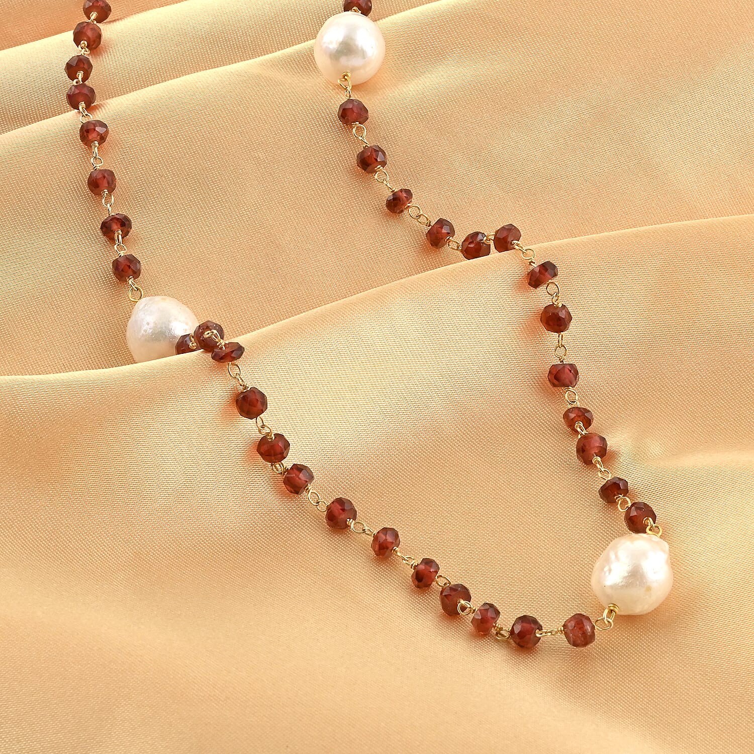 Freshwater Pearl and Mozambique Garnet Necklace 36 Inches in 14K Yellow Gold Over Sterling Silver 24.80 Grams 45.75 ctw