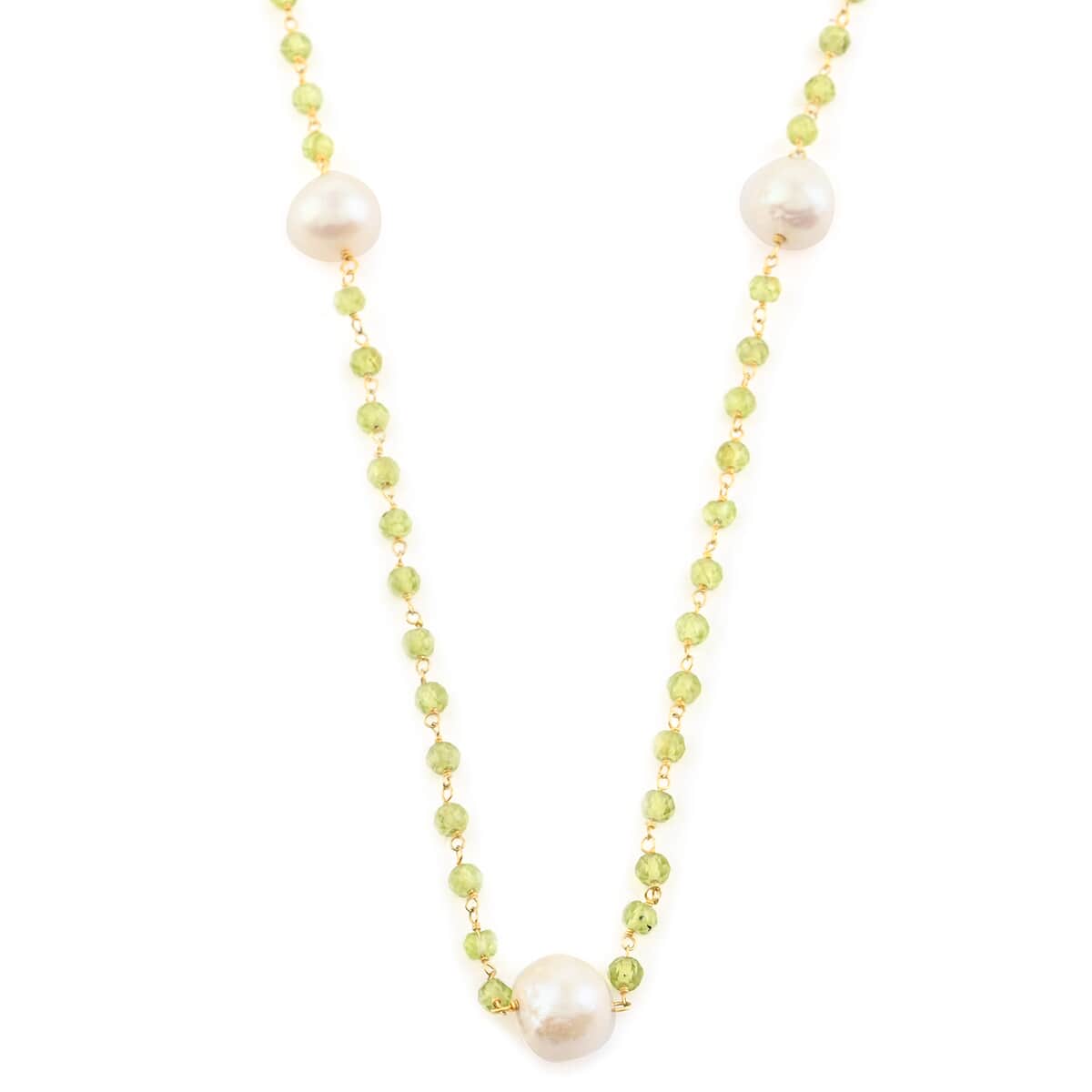 Peridot and Freshwater Pearl Necklace 35 Inches in 14K Yellow Gold Over Sterling Silver 22.70 Grams 38.40 ctw image number 0