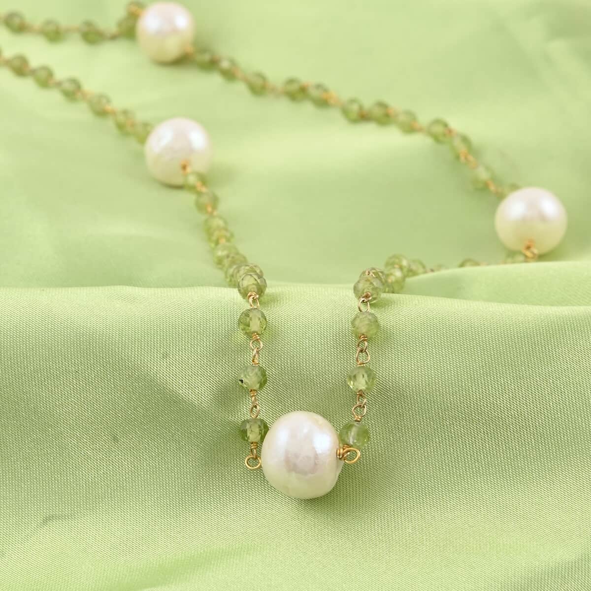 Peridot and Freshwater Pearl Necklace 35 Inches in 14K Yellow Gold Over Sterling Silver 22.70 Grams 38.40 ctw image number 1