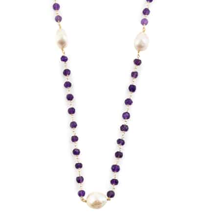 Freshwater Pearl and Amethyst Necklace 35 Inches in 14K Yellow Gold Over Sterling Silver 25.5 Grams 34.30 ctw image number 0