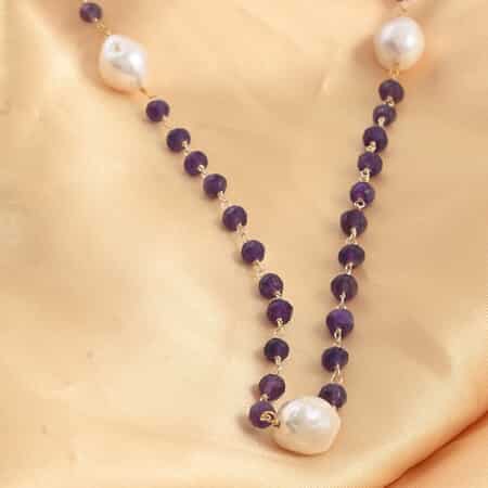 Freshwater Pearl and Amethyst Necklace 35 Inches in 14K Yellow Gold Over Sterling Silver 25.5 Grams 34.30 ctw image number 1