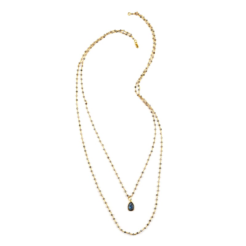 Malagasy Labradorite Double Layer Necklace 29 Inches in 14K Yellow Gold Over Sterling Silver 13.20 Grams 25.50 ctw