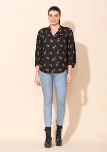 Tamsy Black Floral Printed Placket V-Neck Gathered Top - L