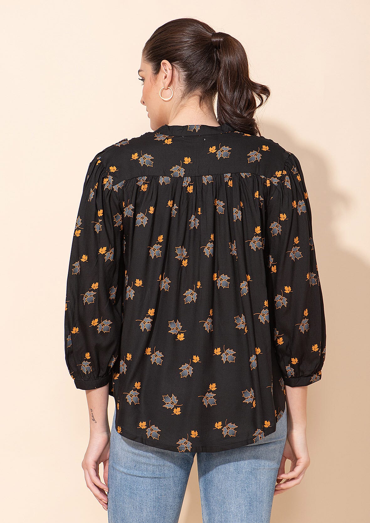 Tamsy Black Floral Printed Placket V-Neck Gathered Top - L