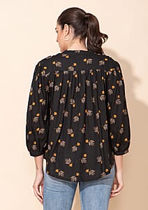 Tamsy Black Floral Printed Placket V-Neck Gathered Top - XL