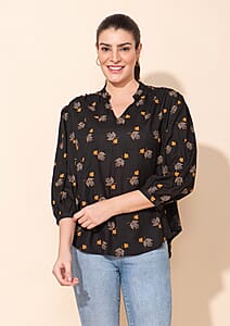 Tamsy Black Floral Printed Placket V-Neck Gathered Top - XL