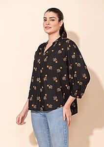 Tamsy Black Floral Printed Placket V-Neck Gathered Top - XL