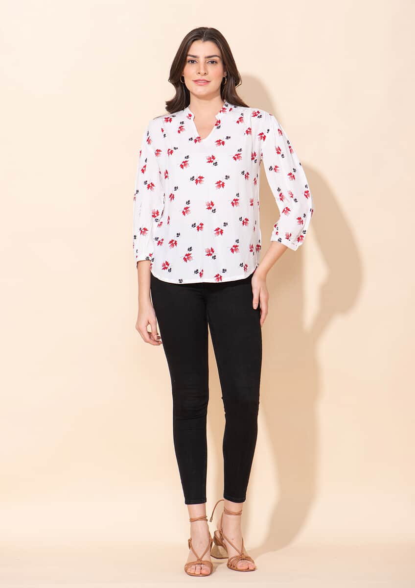 Tamsy White Floral Printed Placket V-Neck Gathered Top - L image number 0