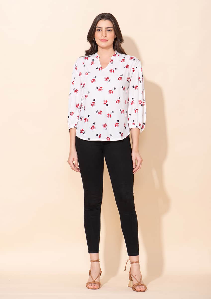 Tamsy White Floral Printed Placket V-Neck Gathered Top - L image number 2