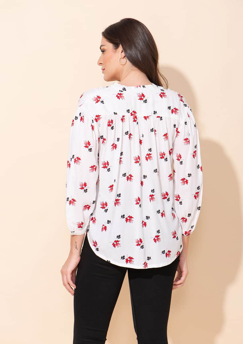 Tamsy White Floral Printed Placket V-Neck Gathered Top - M image number 1