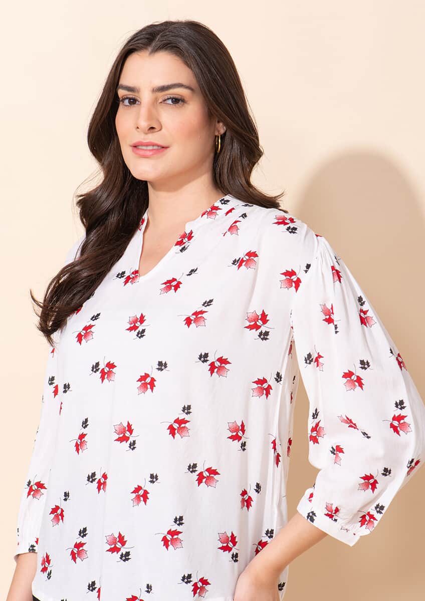 Tamsy White Floral Printed Placket V-Neck Gathered Top - M image number 4