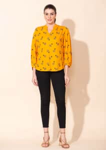 Tamsy Yellow Floral Printed Placket V-Neck Gathered Top - L