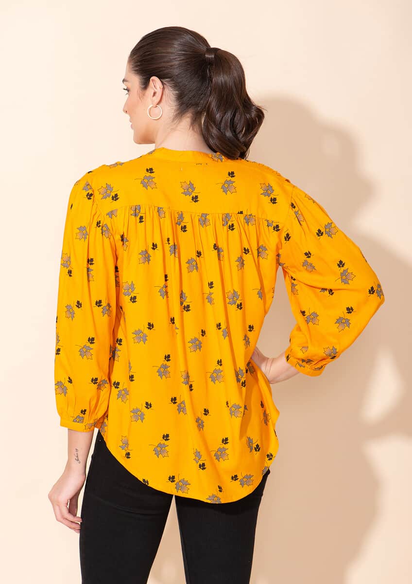 Tamsy Yellow Floral Printed Placket V-Neck Gathered Top - L image number 1