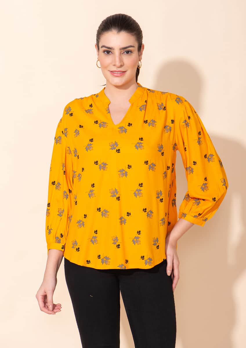 Tamsy Yellow Floral Printed Placket V-Neck Gathered Top - L image number 2