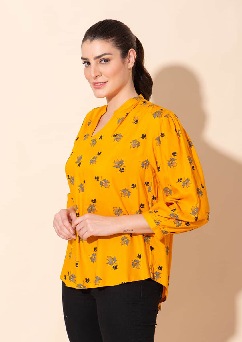 Tamsy Yellow Floral Printed Placket V-Neck Gathered Top - L image number 3