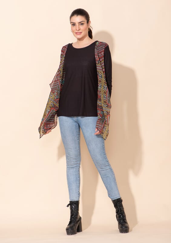 Tamsy Black Knitted and Woven Front Trim Ladies Top - L