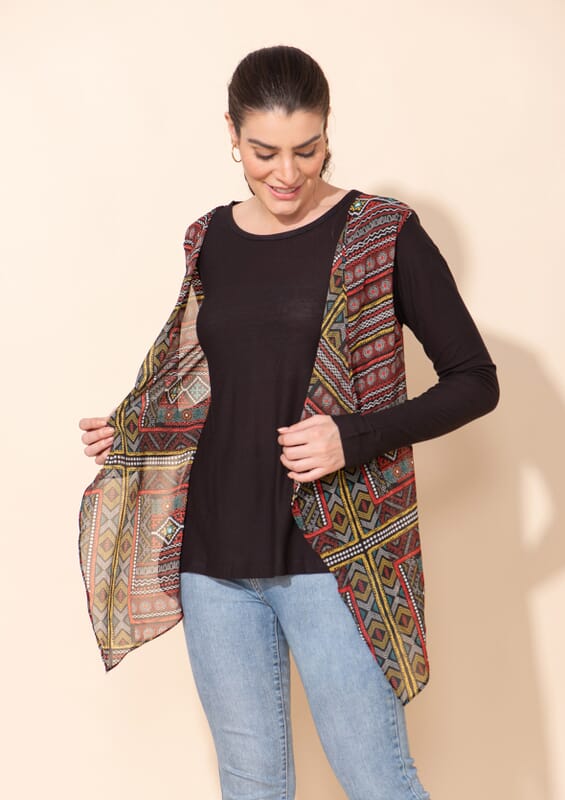 Tamsy Black Knitted and Woven Front Trim Ladies Top - L