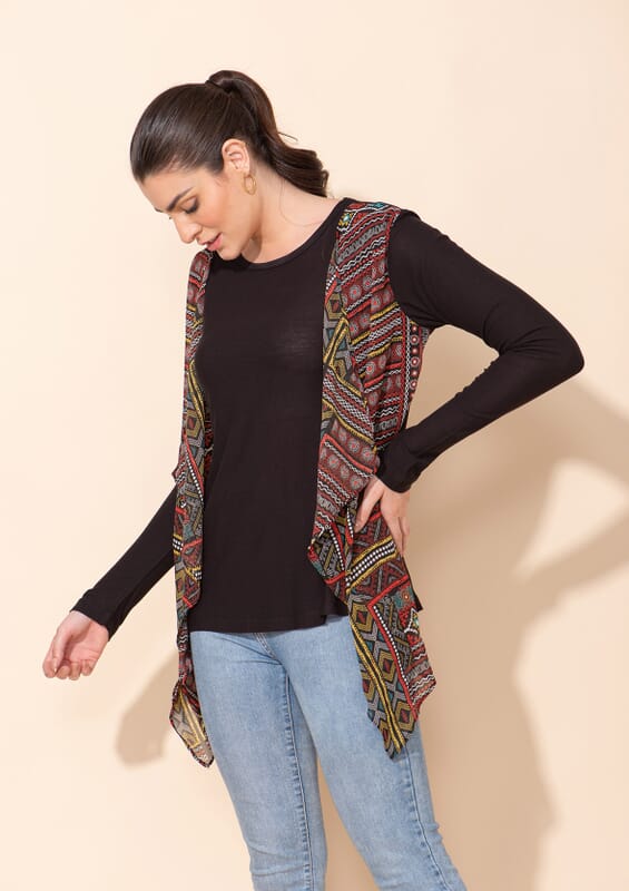 Tamsy Black Knitted and Woven Front Trim Ladies Top - L