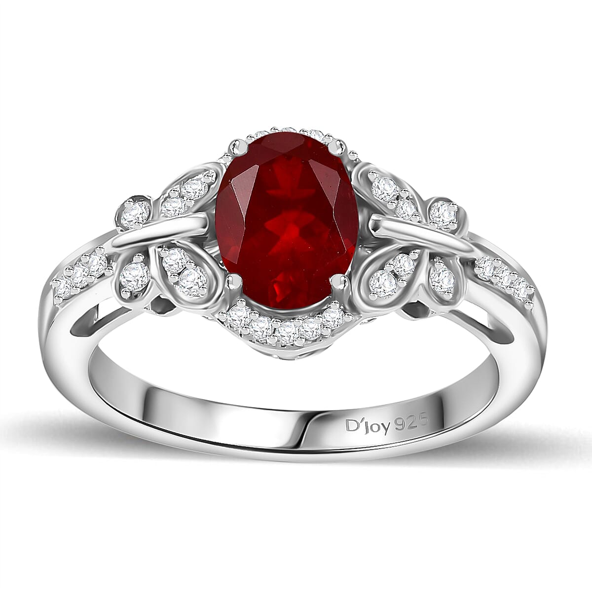 Mexican Cherry Fire Opal and Moissanite 1.00 ctw Butterfly Ring in Rhodium Over Sterling Silver (Size 10.0)
