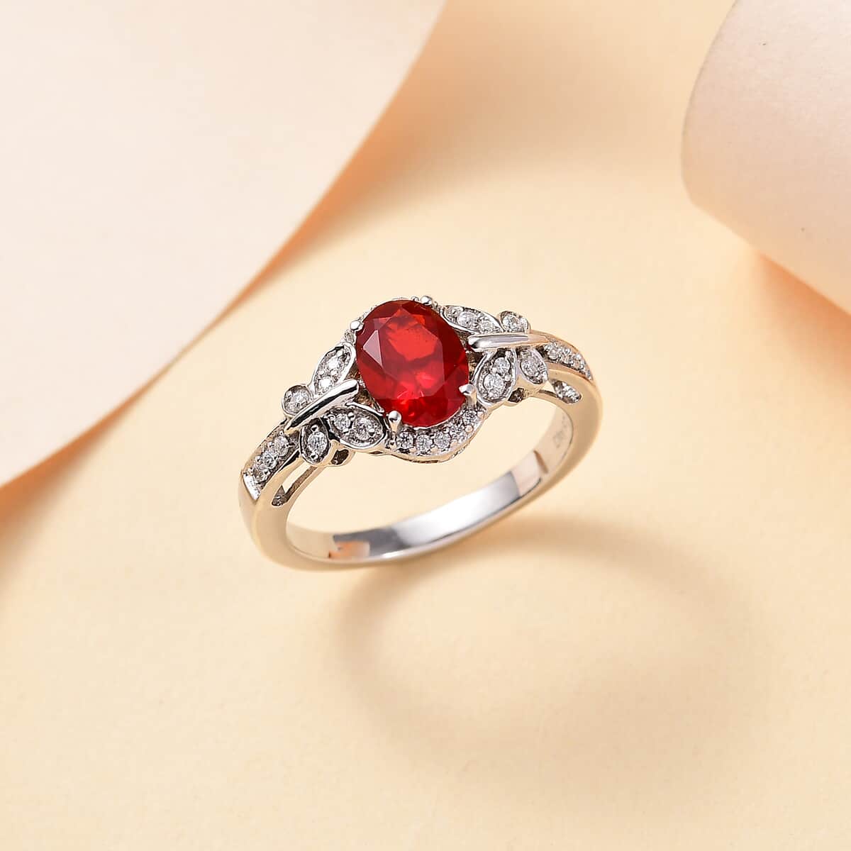 Mexican Cherry Fire Opal, Moissanite Butterfly Ring in Rhodium Over Sterling Silver (Size 10.0) 1.00 ctw image number 1