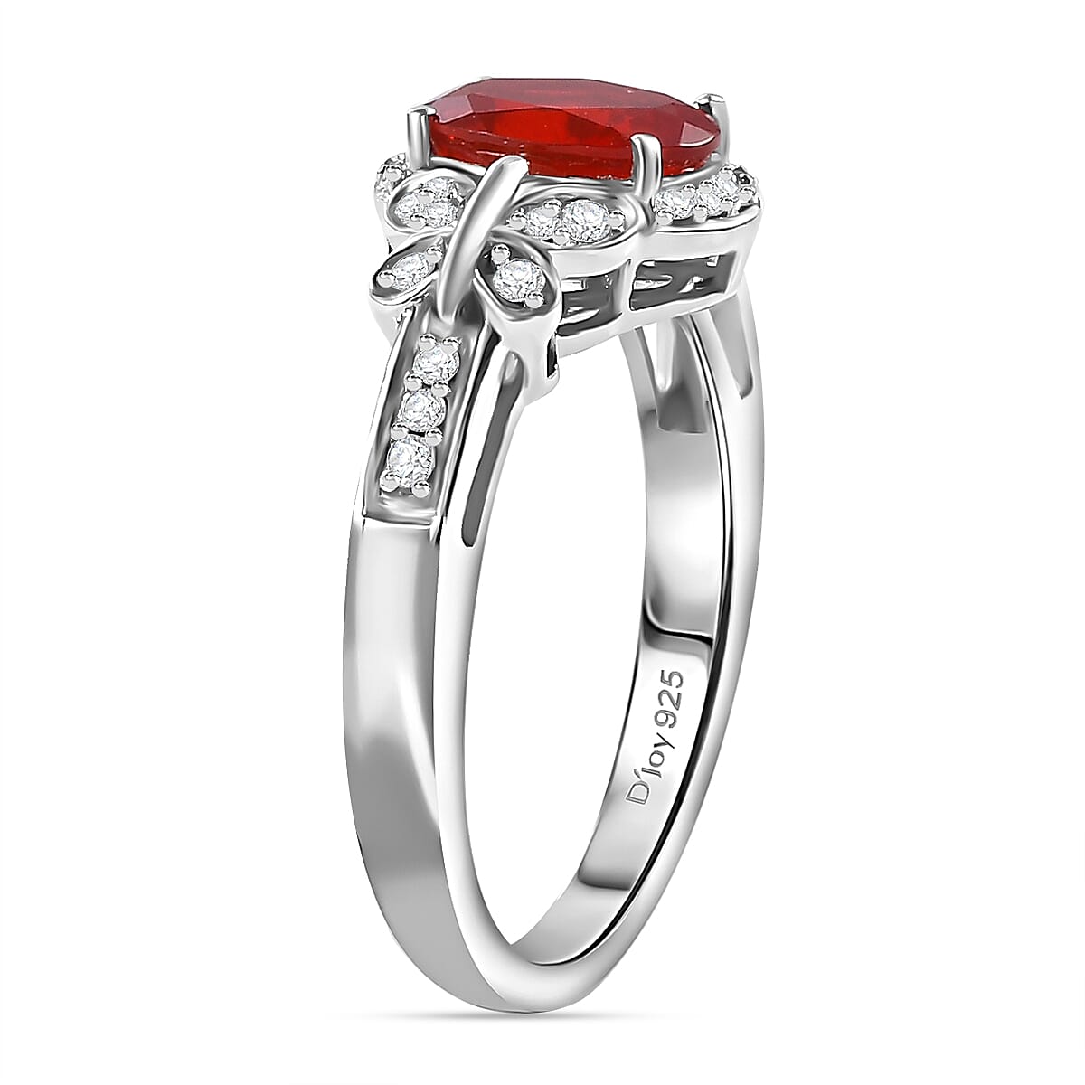 Mexican Cherry Fire Opal and Moissanite 1.00 ctw Butterfly Ring in Rhodium Over Sterling Silver (Size 10.0)