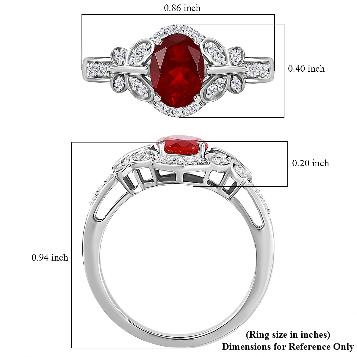 Mexican Cherry Fire Opal and Moissanite 1.00 ctw Butterfly Ring in Rhodium Over Sterling Silver (Size 10.0)