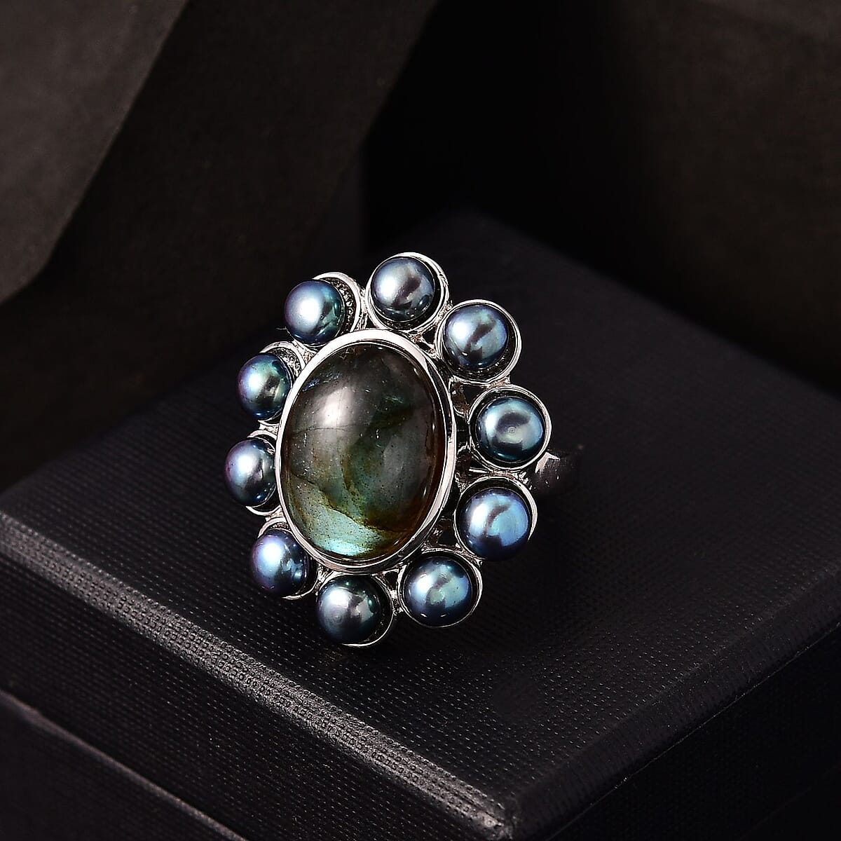 Karis Malagasy Labradorite, Peacock Pearl Ring in Platinum Bond (Size 10.0) 10.90 ctw image number 1