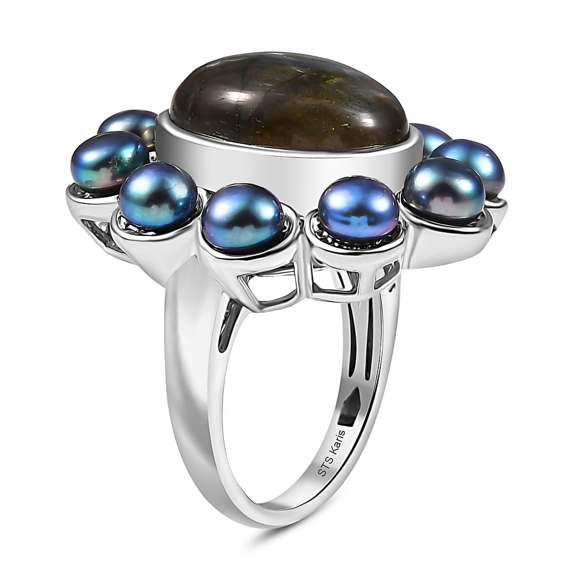 Karis Malagasy Labradorite and Peacock Pearl 10.90 ctw Ring in Platinum Bond (Size 10.0)