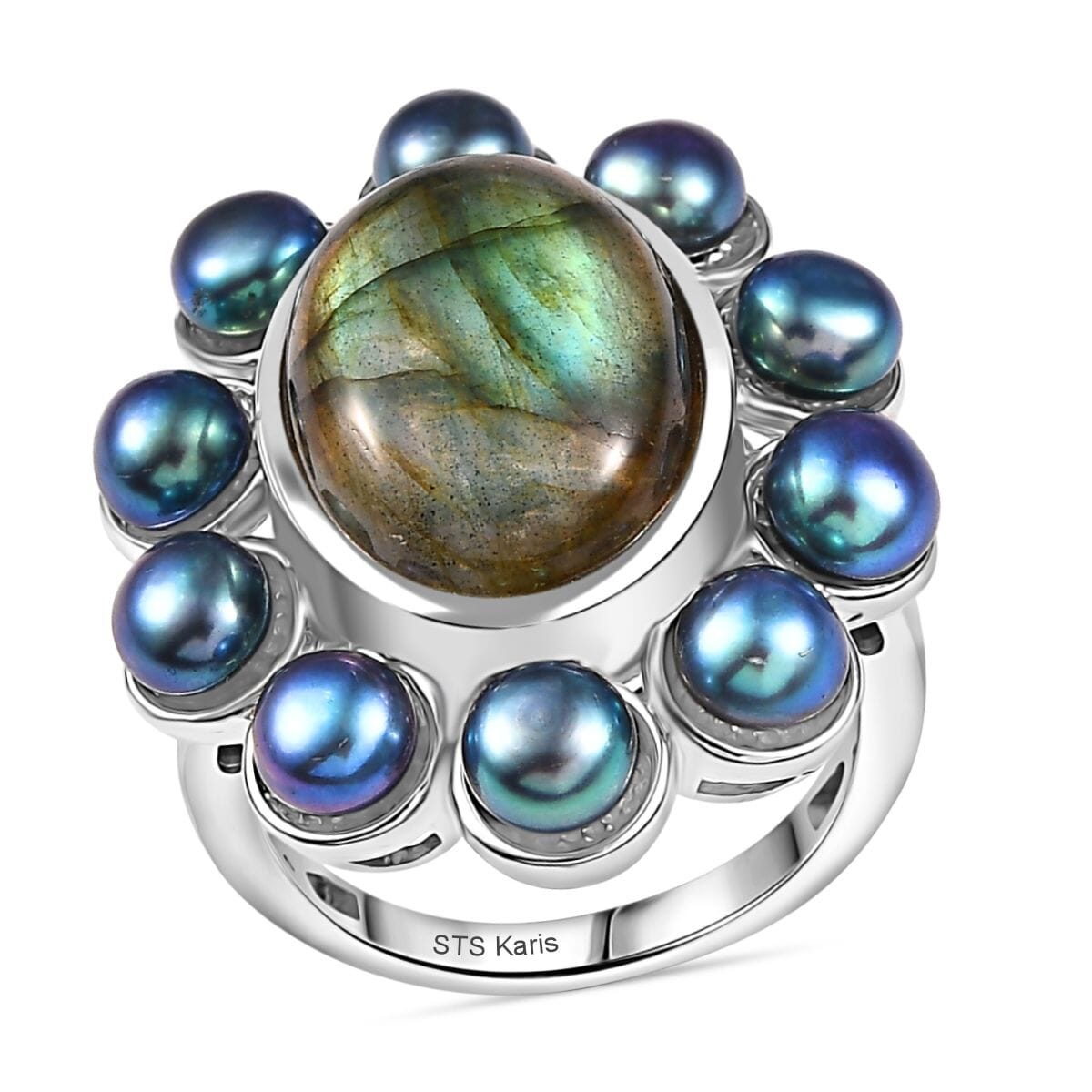 Karis Malagasy Labradorite and Peacock Pearl 10.90 ctw Ring in Platinum Bond (Size 11.0) image number 0
